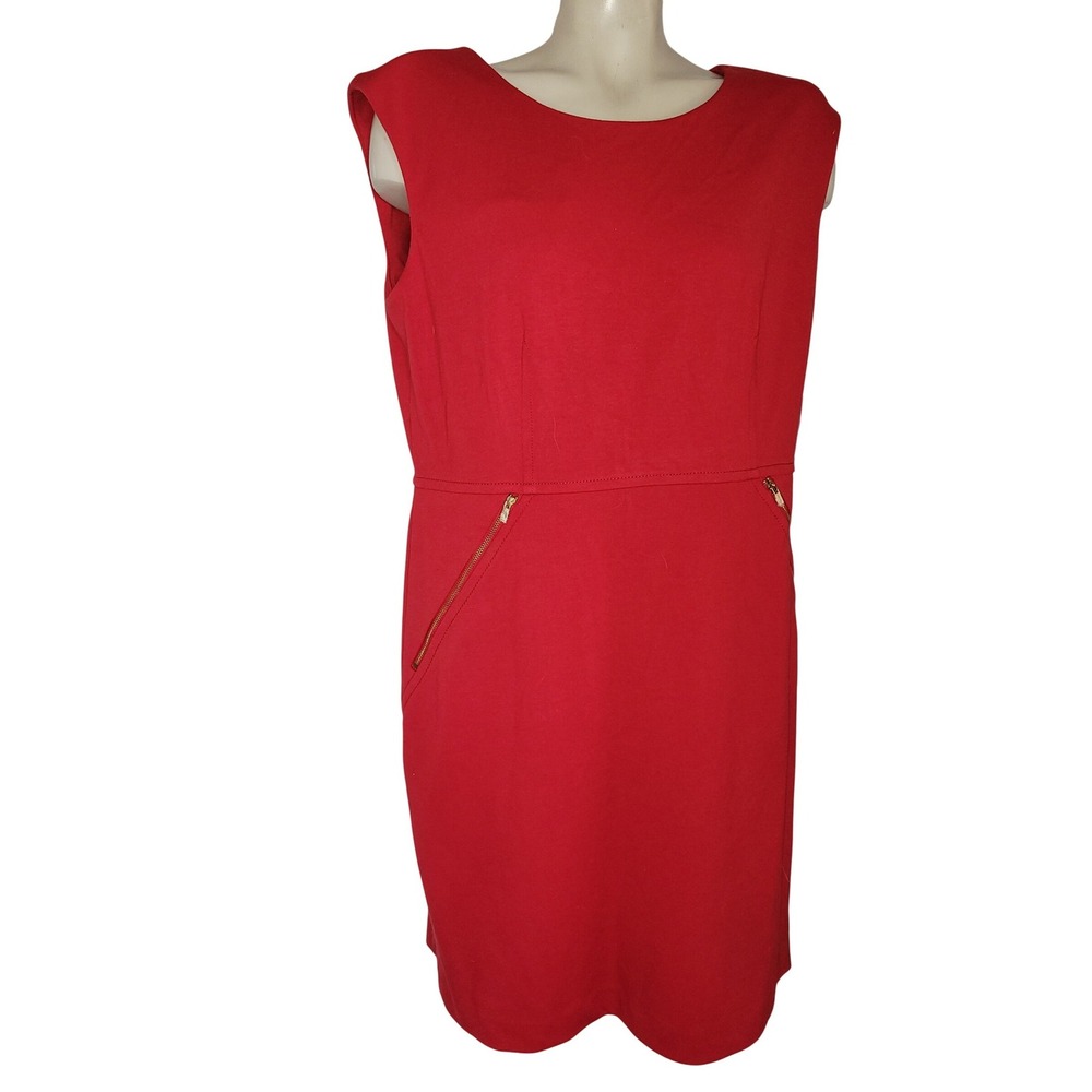 Calvin Klein NEW Red‎ Sleeveless Sheath Dress Gold Zip Pockets CD2P1TD office 14